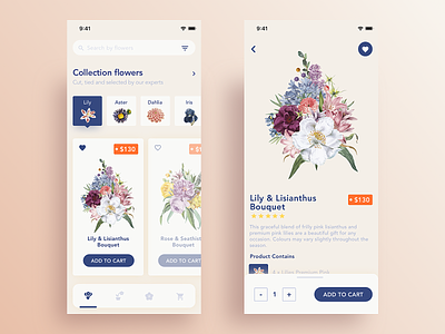 Flowers delivery App add to cart app dailyui delivery design flowers flowershop ios mobile retro retrostyle search sketch ux
