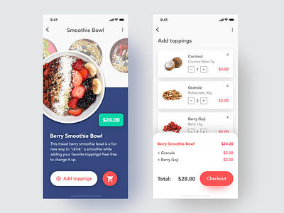 Smoothie bowl • Order Ahead add more apps branding checkout daily 100 dailyui dashboard delicious delivery food app illustration ingredients list mobile order ahead recipe app sketch smoothie ux