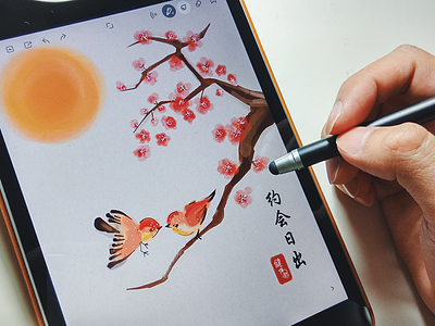 Love birds bamboo paper app cherry blossom digital painting ipad love sketch sparrow sunrise wacom