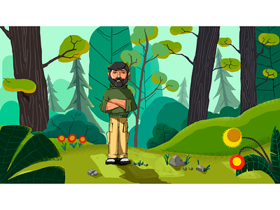 In The Forest character design flat flower illustration man tree vector