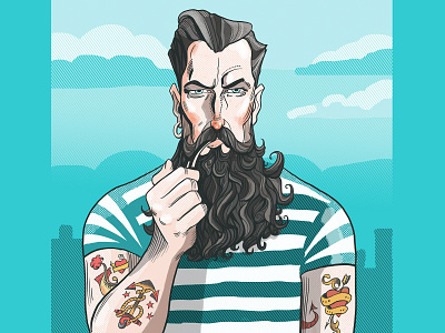 Tattoo Man beard blue cartoon character design illustration ink art line art man pipe retro sailor tattoos