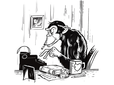 Chimp Author black and white cartoon character design chimp comic art crosshatch illustration ink art line art vintage