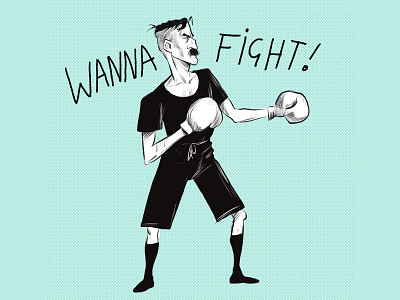 Wanna fight? black and white boxing cartoon character design comic art crosshatch fight illustration ink and pen ink art line art retro vintage