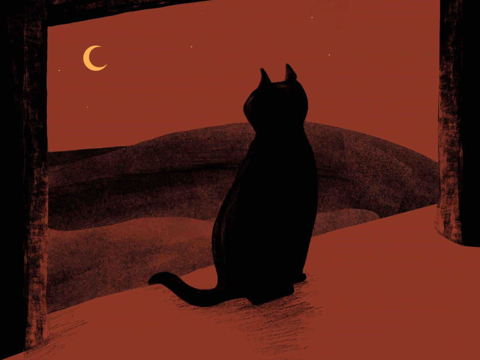 Windowsill 2d animation black cat design ear flick frame by frame illustration moon night sky red tail window