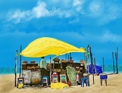 Gouache Painting (Street Shop - Marina Beach, Chennai). caricature character color pencil coloring design drawing illustration pencil drawings watercolor