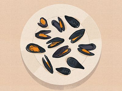 Plate of Mussels cooking dinner drawing food grain illustration mussels sea seafood shellfish texture