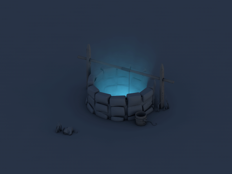 The Old Magic Well 3d building c4d gif isometric night render volumetric water well