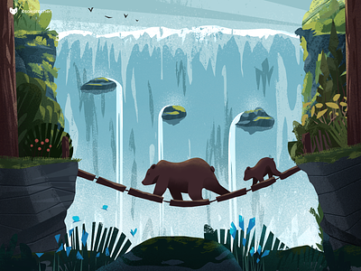 Spring Waterfall design forest illustration innn silent spring waterfall
