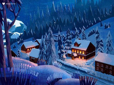 Snow Night forest illustration innn night snow winter