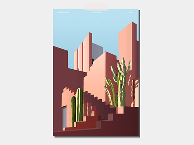 La Muralla Roja abstract architecture building cactus flat illustration pint poster red spain wall