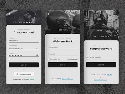 Sign In - Sign Up - Daily UI 001 app app design branding challenge dailyui dark ui design e commerce forgot password helmet inspiration login minimal monochrome shop signin signup ui ux web design