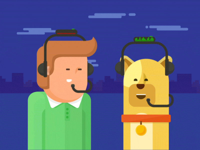 A translation device to speak with animals 2d character design dog illustration motion technology translation vectorel