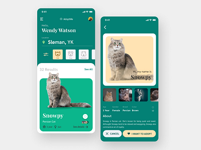 Pets Adoption adoption animals card cat clean clean design design figma green layout mobile app pet pet adoption pet care pet shop ui uidesign ux