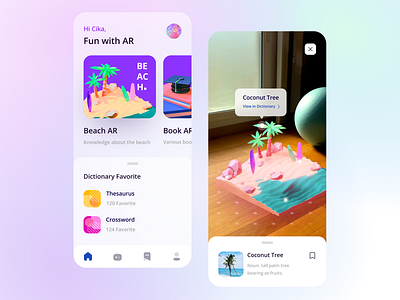 AR Dictionary App 3d 3d design app ar design arvr augmented augmented reality beach camera clean design dictionary figma frostedglass mobile ui polygonrunway render ui uiux