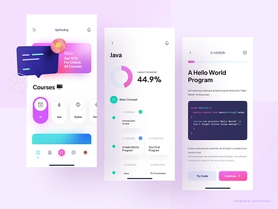 AjarKoding {} - Mobile App 3d app clean design code coding courses design figma gradient java learn mobile online courses programmer programming quiz ui ux