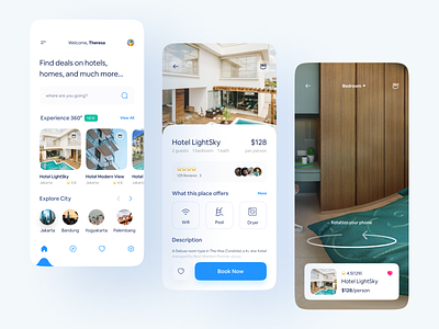 Hotel Booking - App Design Exploration agency blue booking destination figma flight hotel minimal reservation room booking ticket tourism travel travel agency trip uiux vacation