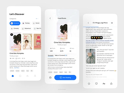 Book Reader Online App app reader blue book card clean design discover ebook figma icons marketplace minimal mobile app novel read reading app romance typography ui ux