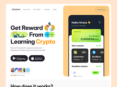 Learn Crypto, Earn Crypto - OctoCoin Website Header bold clean course crypto cryptocurrency design earn exercise figma header investment learn lesson online course quiz reward typography ui ux website