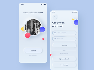 Sign in & Sign Up Neomorphism Design account app app design application blue clean clean design create account design log in mobile neomorphism sign in sign up simple skeumorph skeumorphism ui uiux ux