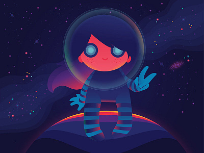 Spacey Illustration character colorful flat future girl helmet illustration kawaii lighting planet space stars