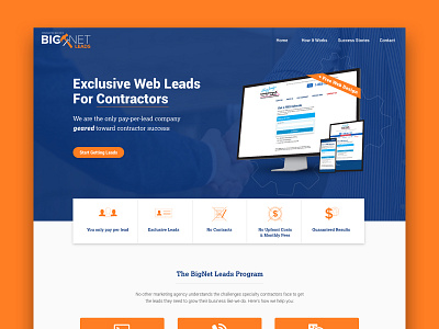 BigNet Leads Website contractor hero homepage icons leads orange webdesign website