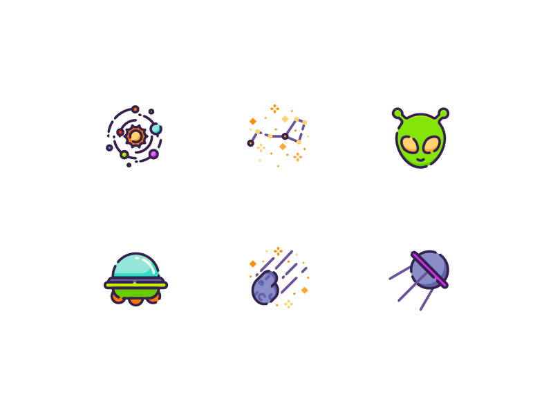 Alien kerismaker icons set iconography icons satellite asteroid ufo galaxy space alien
