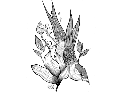 Oiso Fleurs bird black white flowers illustration ink ink drawing ink illustration inkpen