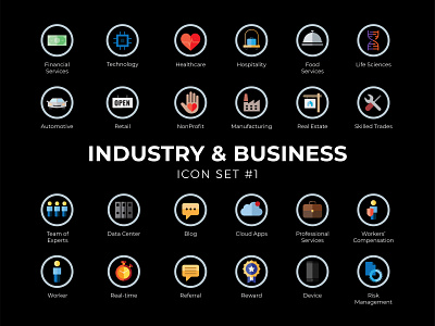Dribbble Industry business icon set #1 automotive branding business data design enterprise financial services food services healthcare hospitality icon set iconography icons life sciences manufacturing nonprofit real estate retail technology vector