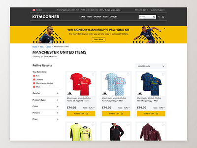 Kitcorner - Product Results Filter ecommerce filter online store products shop sports ui web design