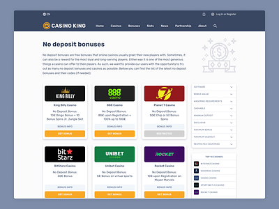 Casino King - Bonus Page with Filter bonus box card card ui casino cta filter online casino sidebar ui ux web design