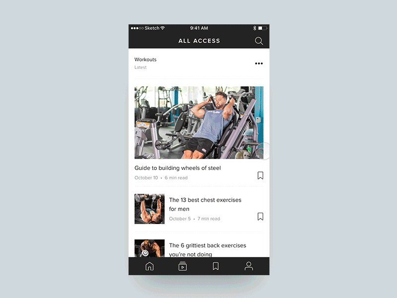 Fitness Content Feed Exploration animation app design fitness ios list ui ux