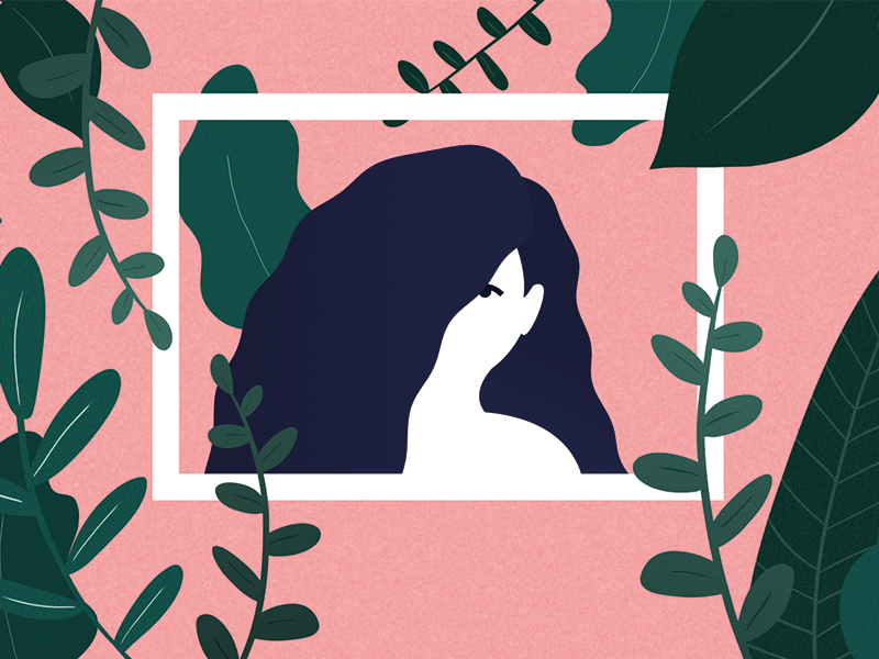 Summer breeze flat design girl flower summer pink greens leaf illustration