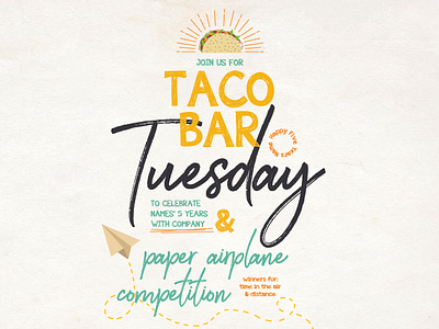 Taco Bar Tuesday airplane competition fun illustration taco bell taco tuesday typography vector