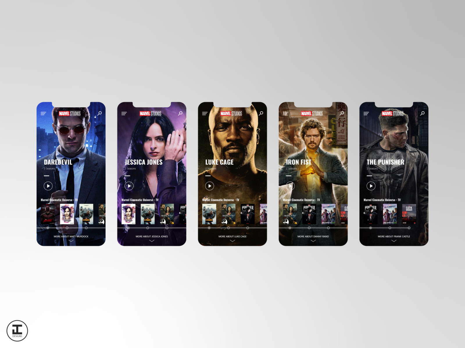 MCU App Concept: Netflix Marvel Shows - The Defenders daredevil defenders design design inspiration illustrator iron fist jessica jones luke cage marvel marvel comics marvelcinematicuniverse mcu movie app movies netflix superhero the punisher tv app ui ux