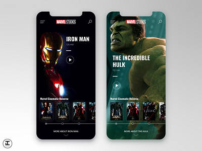 MCU App Concept: Iron Man (1) & The Incredible Hulk (2) adobe app design hulk illustrator iphonex iron man marvel marvel comics marvel studios marvelcinematicuniverse mcu mobile screen shot superhero ui ux