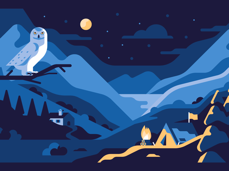 Miss the mountains animation camping colors fire flames gif illustration lake landscape motion design mountains night owl sail ho studio sho studio vector