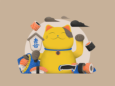 Tokio food - 3 cat illustration japan japanese food pop poster print sail ho studio sho studio sushi texture vector