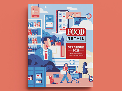 Food Retail Cover characters cover devices editorial flat illustration interfaces issue magazine magazine cover man market sail ho studio sho studio vector woman