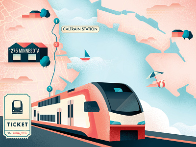 Caltrain city editorial illustration magazine map map design map illustration railroad sail ho studio sea sho studio ticket train vector