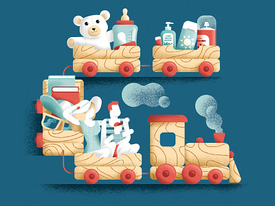 Traveling with children colors editorial family holiday illustration newspaper sail ho studio sho studio teddybear toy train traveling vector