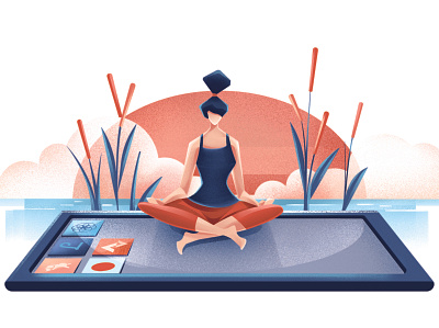 Apps on the radar app apps character editorial editorial illustration girls illustration magazine meditation phone sail ho studio sho studio sunrise wellness woman yoga yoga pose