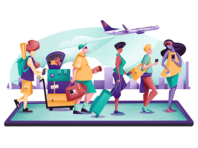 Apps On The Radar - Travel app booking characterdesign characters colors editorial editorial illustration flight fly illustration journey phone sail ho studio sho studio tourist traveling travellers vector