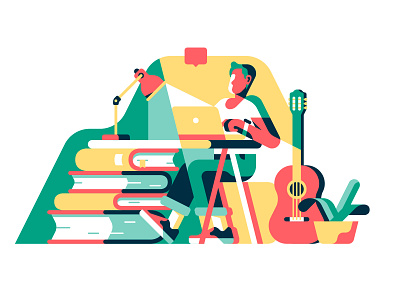 Studying books character colors editorial editorial illustration evening guitar illustration sail ho studio sho studio studying vector