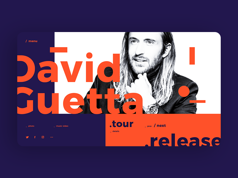 David Guetta Main Page Concept web site web design david guetta typography web ux ui creative purple music dj orange
