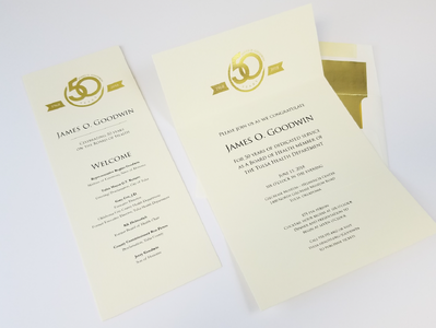 Gold foiled invited and envelopes gold foil graphic design icon logo modern print trajan tulsa typography