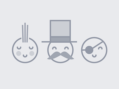Characters characters dudes eyepatch faces friendly illustration minimal mohawk moustache round tophat