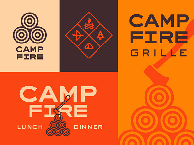C A M P • F I R E axe branding camp campfire diamond exploration fire icons identity logo logs restaurant