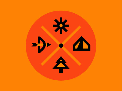 C A M P • F I R E Patch badge bowandarrow circle icon linework patch pictograms sun symbols tent tree