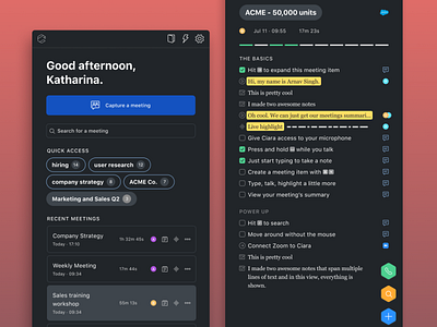 Experimenting with dark mode for Ciara app assistant b2b sales dark mode design interaction design meetings product design saas ui visual design