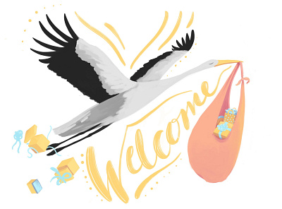 Welcome to the World baby baby shower hand drawn handmade font illustration procreate procreate art script stork type typeography